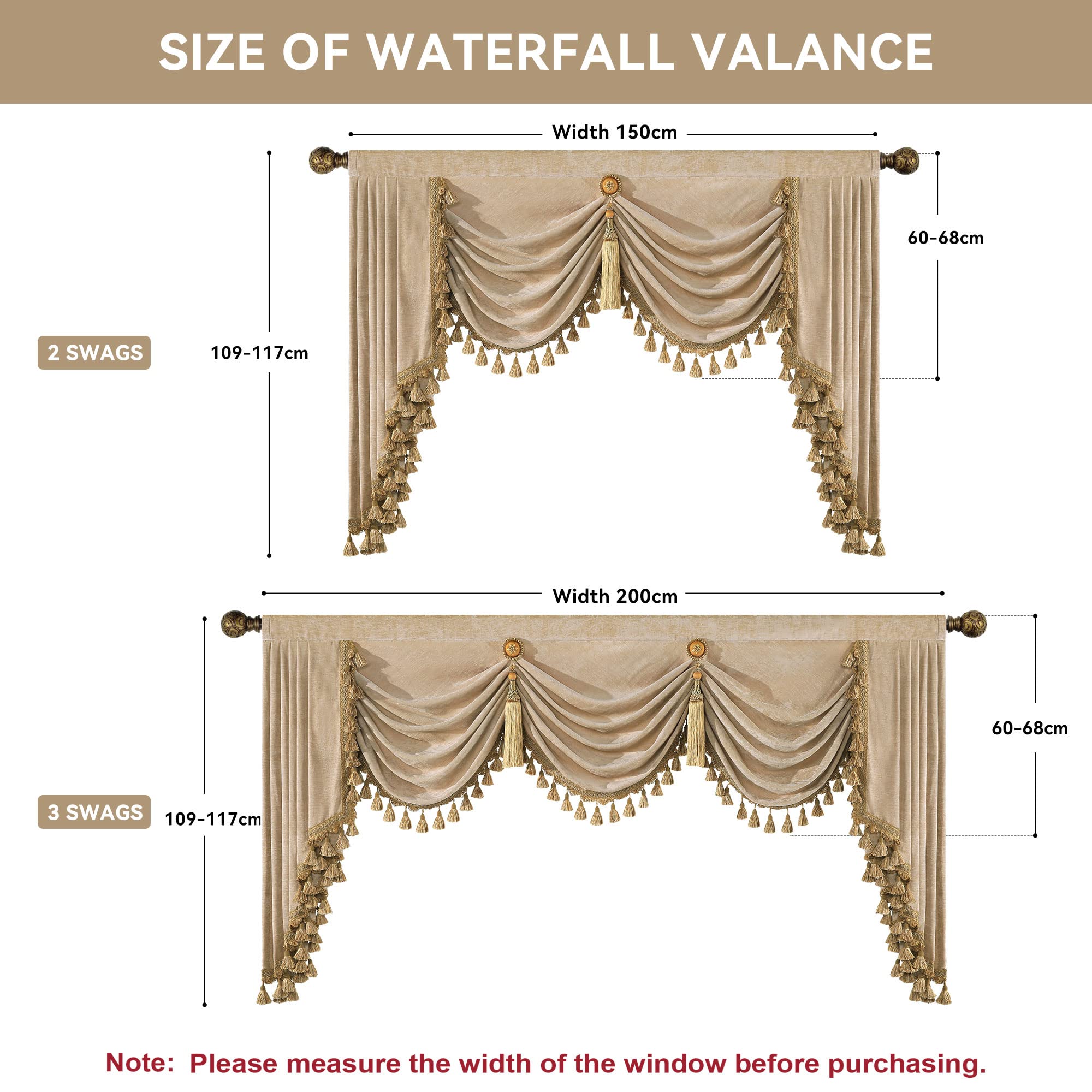 Mantovana a Cascata per Finestre, Mantovana in Ciniglia con Nappe, Tenda Corta per Camera da Letto Soggiorno Cucina, Decorazione Natalizia (Larghezza 150cm, Beige)