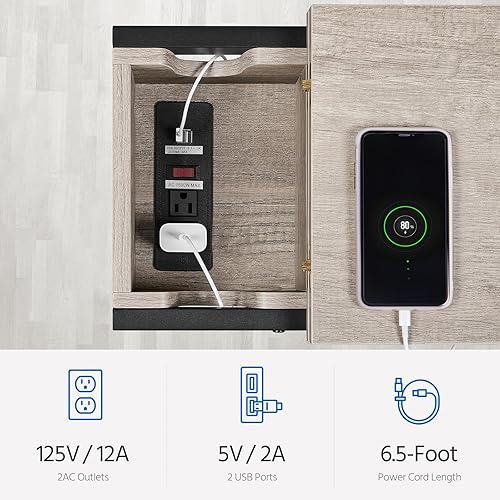 Miniatura 5 de Yaheetech Mesa auxiliar estrecha con estación de carga, mesa auxiliar abatible con cajón y estante y bolsa de tela extraíble, mesita de noche de