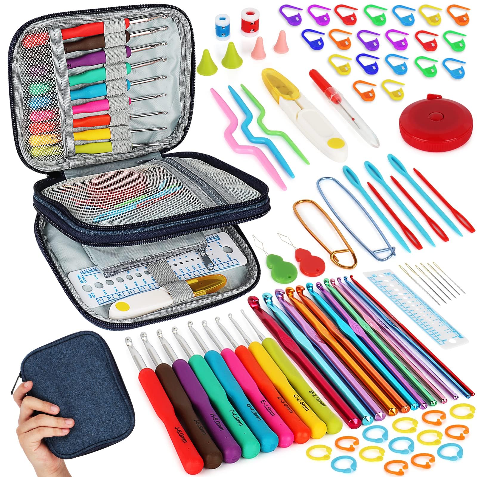 85-piece crochet hooks set crochet hook kit with storage case ergonomic knitting needles weave yarn kits diy hand knitting craft art tool for beginners and experienced crochet lovers blue