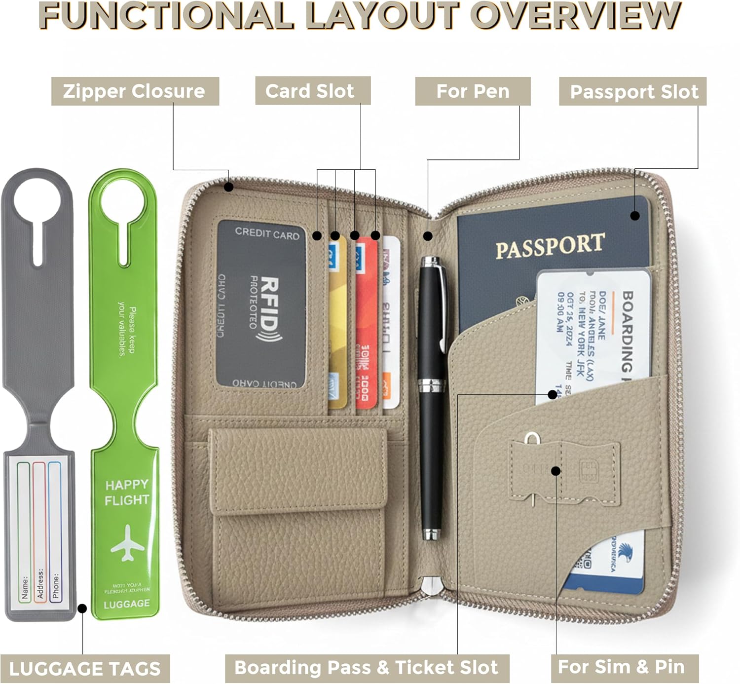 Rfid Blocking Passports Holder Travel Zipper Wallet Cowhide Passport Wallets Multi-Function With Card Holders Sim Slots And Card Ejector Tool,Gift Luggage Tags(Ivory Ash)