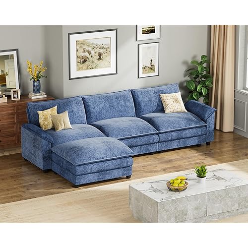 Homall 119" Modular Sectional Sofa, L Shaped Sofa Couch with Reversible Ottoman, DIY Combination Chenille Deep 3-Seat Cloud Couch for Living Room, Apartment (Dark Blue, L Shaped Sofa)
