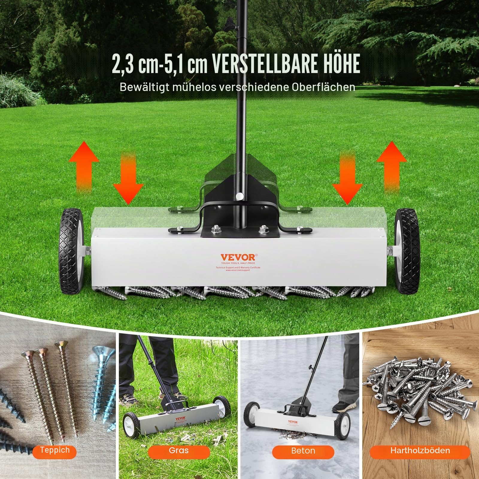 VEVOR Magnetkehrmaschine Magnetbesen, 61 cm / 8 cm magnetische Kehrmaschine, mit ausziehbarem magnetischem Aufnahmewerkzeug, 22,6 kg / 15,9 kg Tragfähigkeit, Kehrmaschine für Werkstatt, Garage, Hof