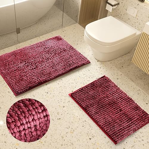 Urvoix Juego de 2 alfombras de baño de felpilla con respaldo antideslizante, súper absorbentes, gruesas, suaves, para baño, bañera, ducha (borgoña,