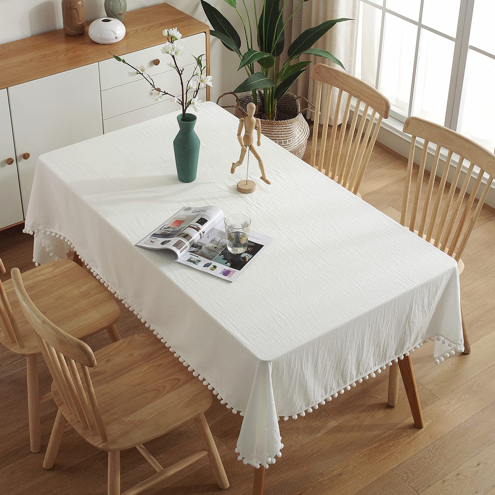 rismart Rechteck Tischdecke Tischtuch Pom Pom Couchtisch Decke Weiß,140 x 260 cm