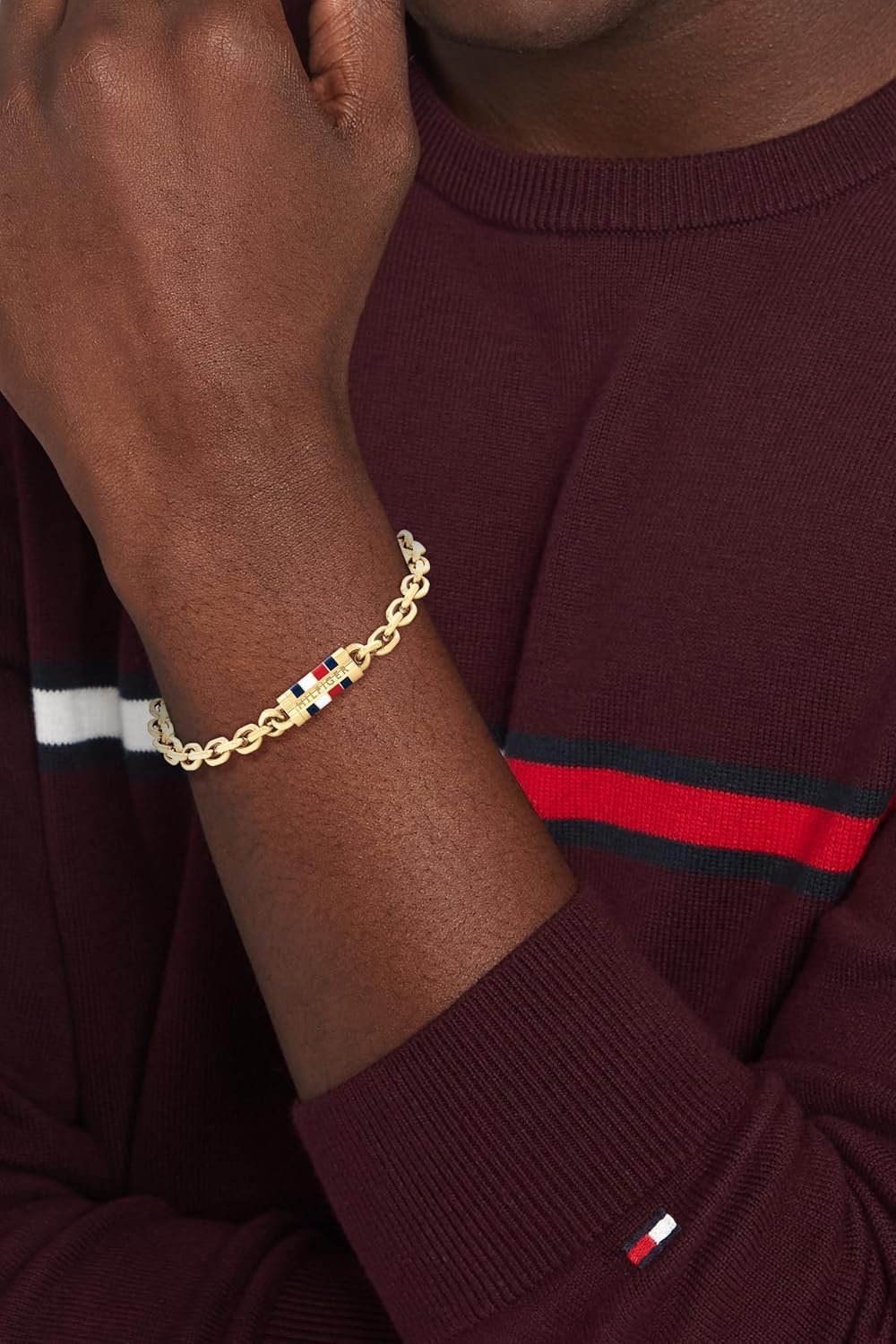 Tommy Hilfiger Men's Jewelry - Slim Chain Bracelet – Magnetic Clasp, Enamel Stripe Detail – Stainless Steel – Modern Layering Style, Gift for Him