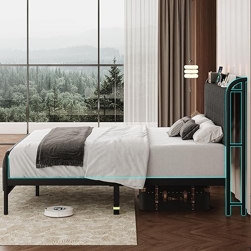 Miniatura 16 de iPormis Base de cama de plataforma de metal tamaño King con estación de carga, cabecera tapizada y estribo, soporte de acero resistente, Gris