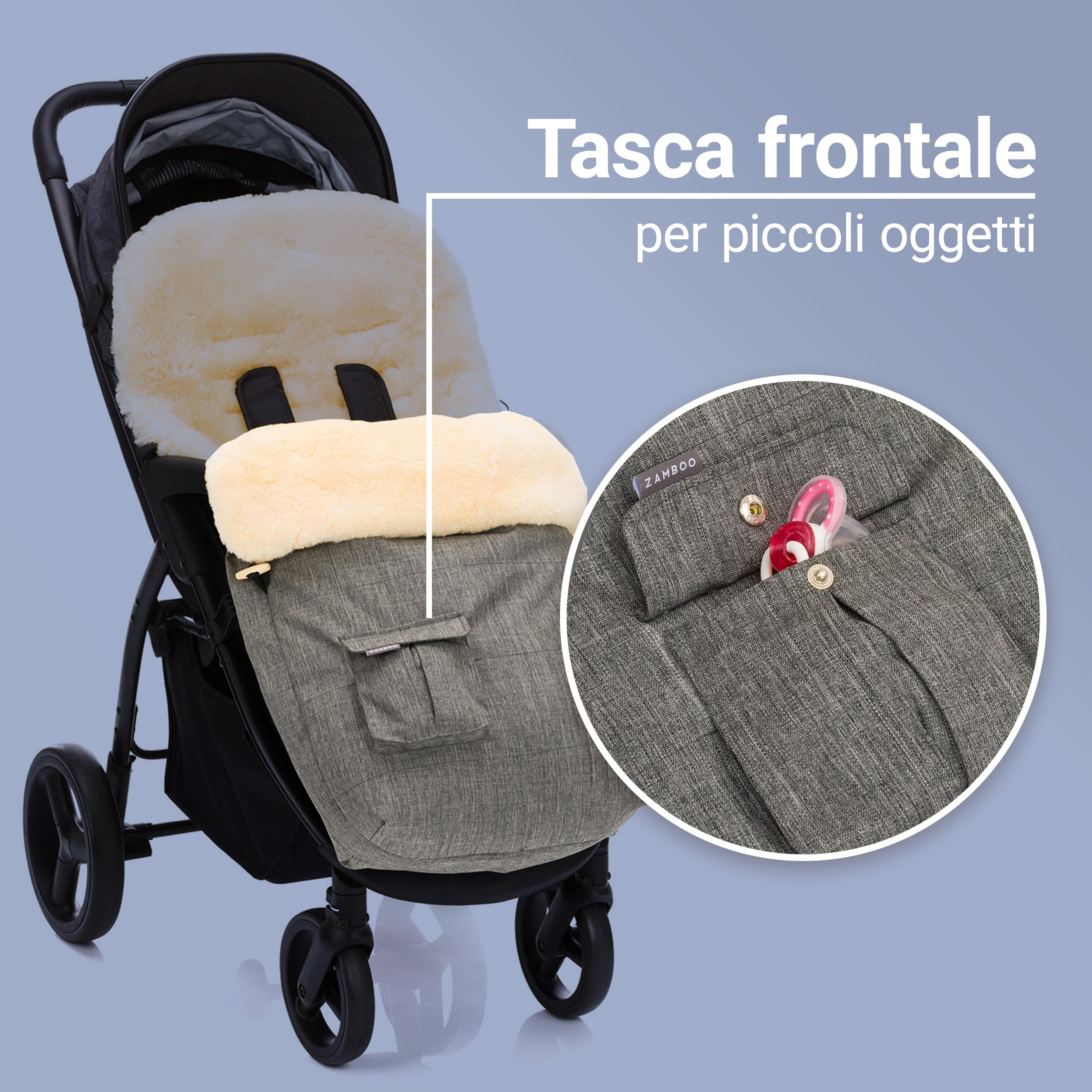 Zamboo Sacco a Pelo Invernale in Pelliccia D'agnello 2in1 - Coprigambe Passeggino Universale e Copriseduta Passeggino e Carrozzina per Bambini - Grigio