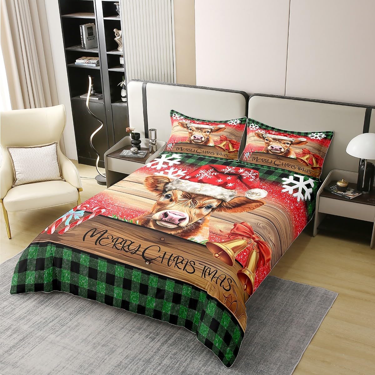 Manfei 100% Cotton Christmas Cattle Duvet Cover,Xmas Animal Snowflake Jingle Bell Bowknot Quilt Cover(No Filler),Rustic Wooden Plank Green Plaids Patchwork Decorative Quilt Cover,3Pcs Full Size