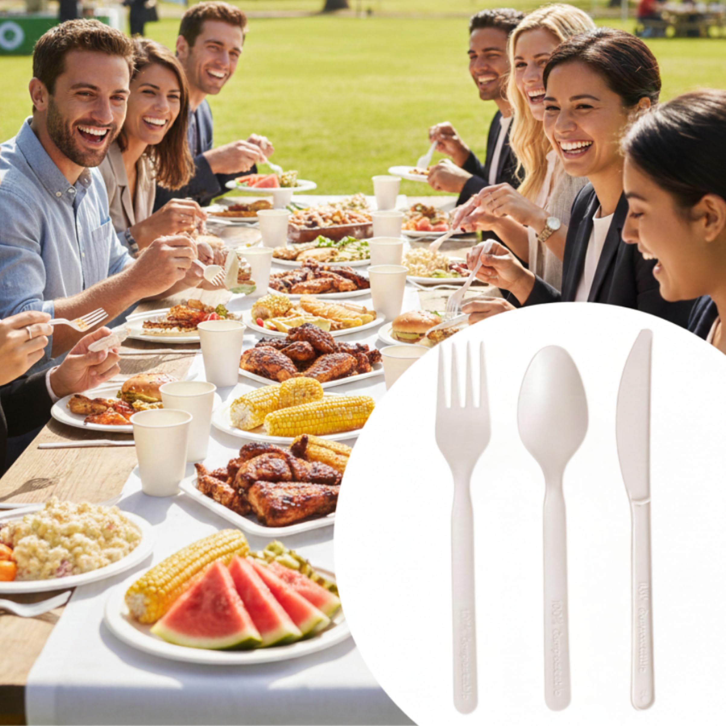 Juego de cubiertos 100% compostables, tenedores, cucharas, cuchillos, 300 utensilios desechables de 7 pulgadas, alternativa duradera resistente al calor a los cubiertos de plástico con práctica
