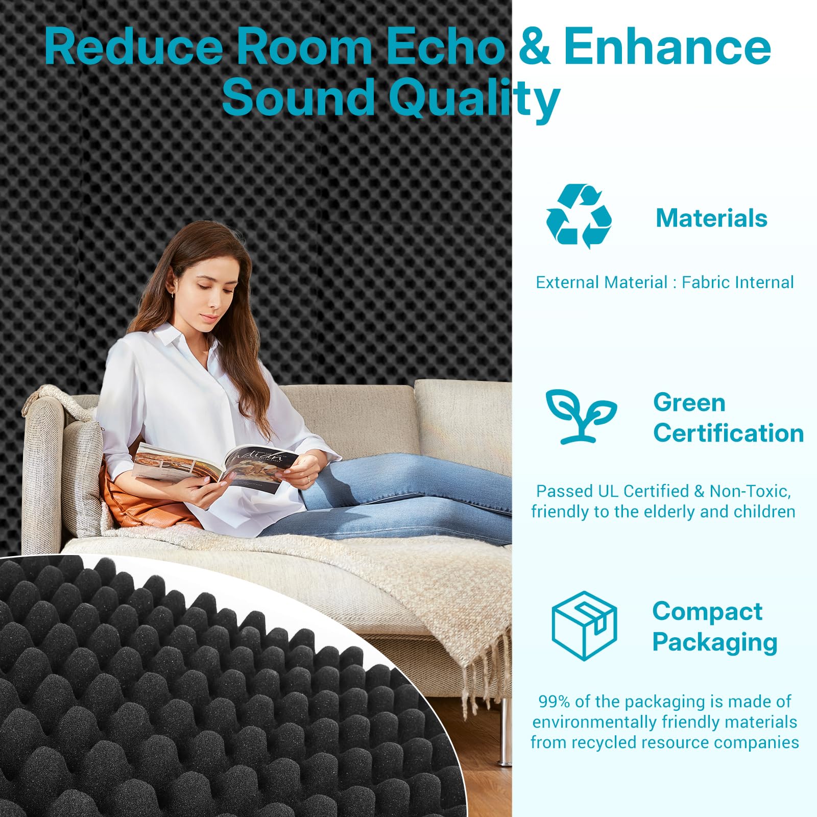 Paquete de 4 negros de 48 x 24 x 2 pulgadas con alta densidad de 23 kg/m³. Está hecho de material ignífugo respetuoso con el medio ambiente y sirve como un panel de pared absorbente y aislante