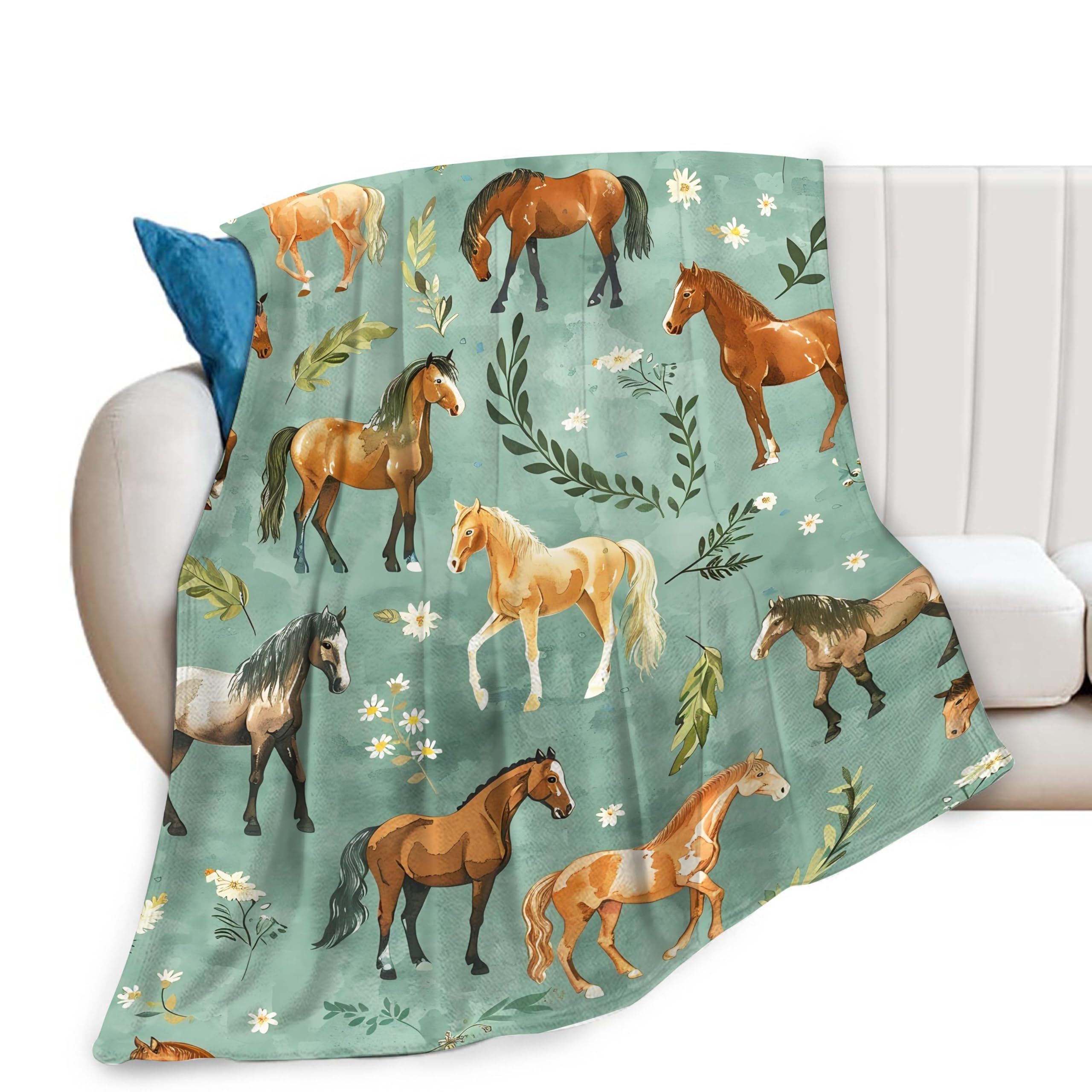 Horse Blanket Cute Horses Flowers Decor Throw Blanket Gifts for Girls Boys Animal Lover Couch Bedding Super Warm Soft Plush Lightweight Fleece Flannel