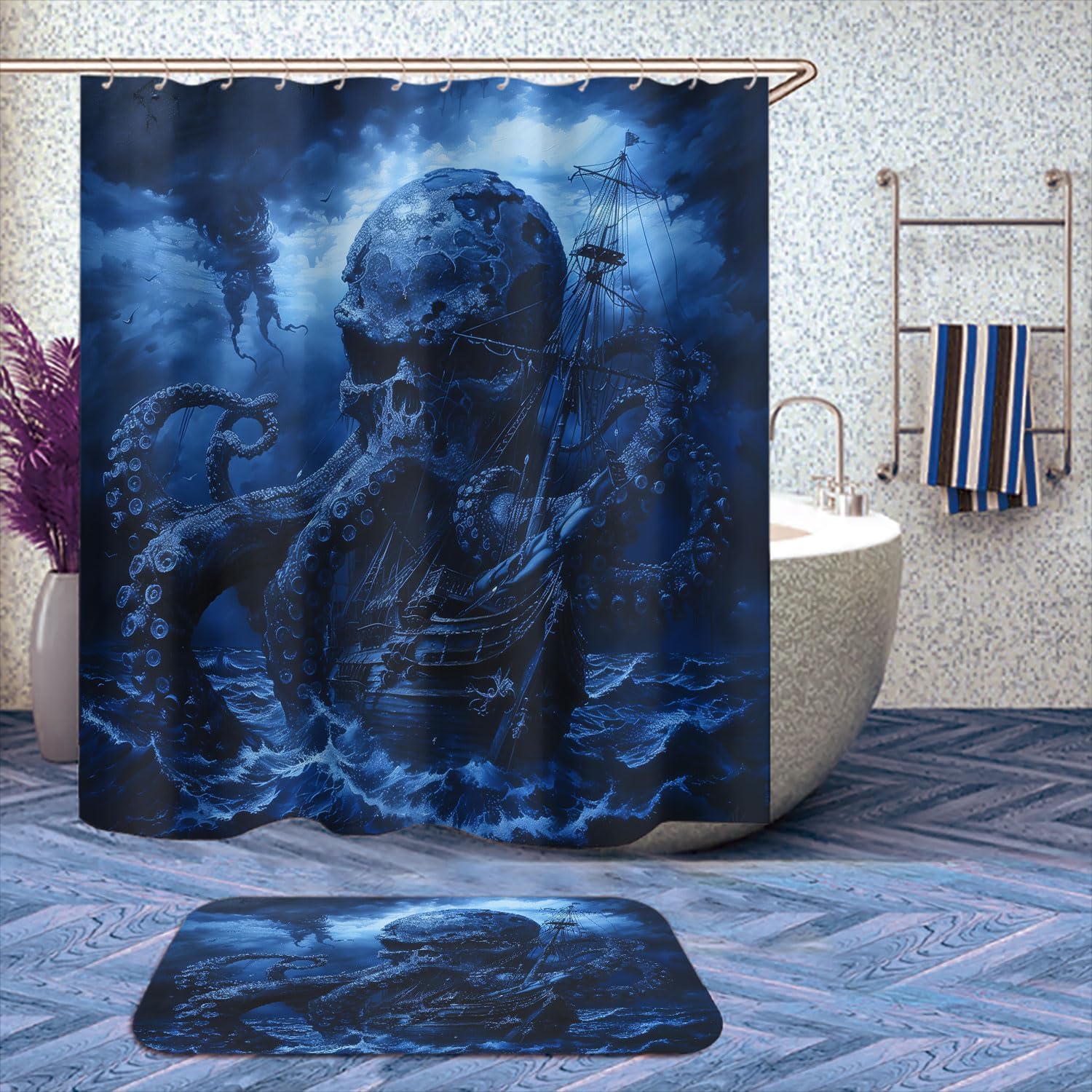 4 Pcs Nautical Shower Curtain Set with Rugs,Toilet Lid Cover, Bath Mat Octopus Ship Sail Boat Dark Fantasy Skull Bathroom Decor Sets Accessories with 12 Hooks