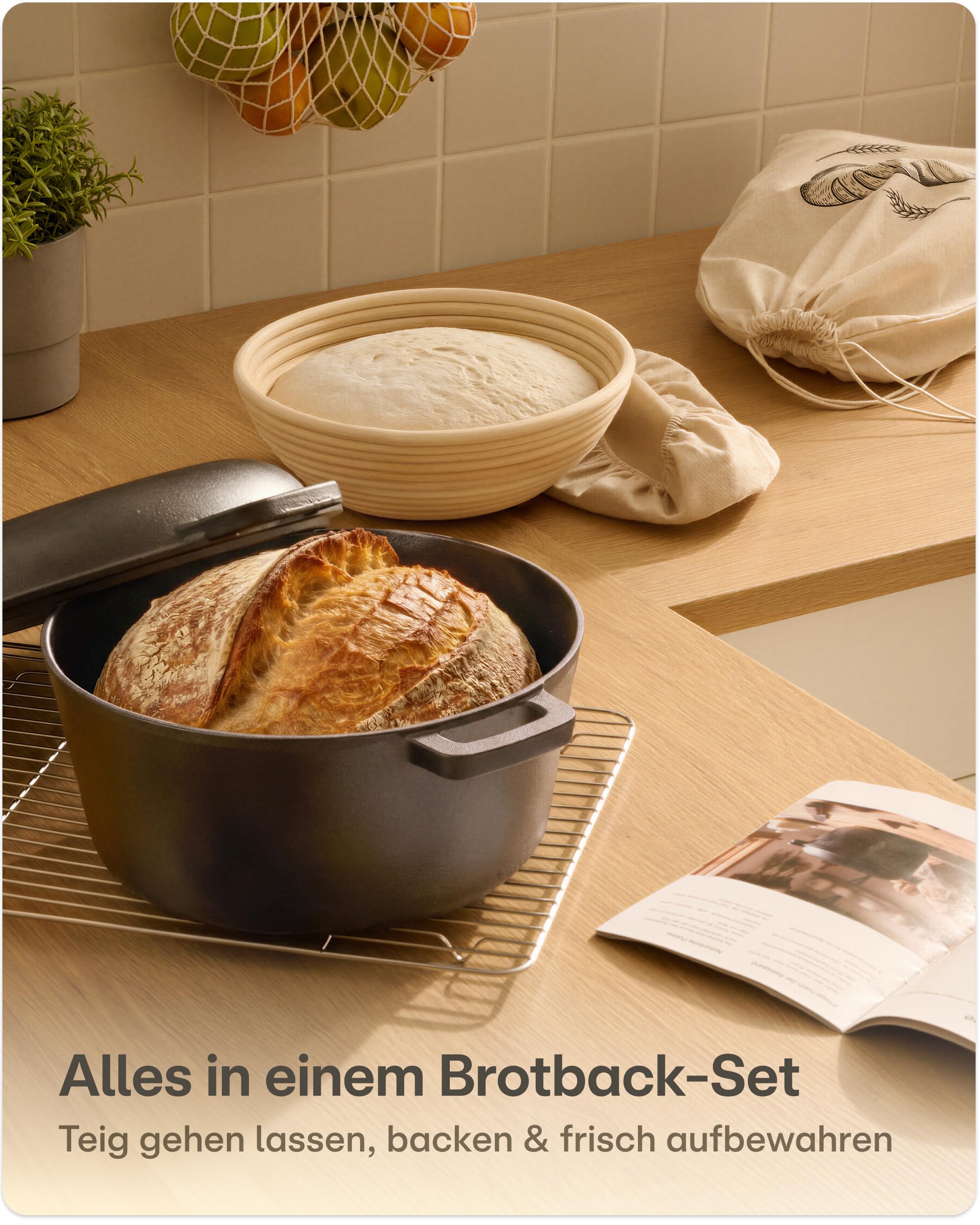 Praknu Gusseisen Topf für Brot Backen Set (26 cm Brottopf) – Inkl. Gärkorb, Brotbeutel & Brotbacktopf – Bräter mit Deckel –Brotbackform – Brot Backen Zubehör- Rund 4,7 L