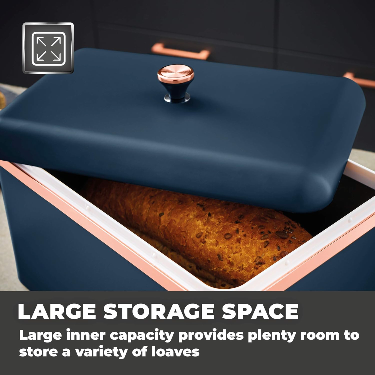 Tower T826130MNB Cavaletto Bread Bin with Removable Lid, Large Capacity, Durable Steel Body, Midnight Blue and Rose Gold - Image 4