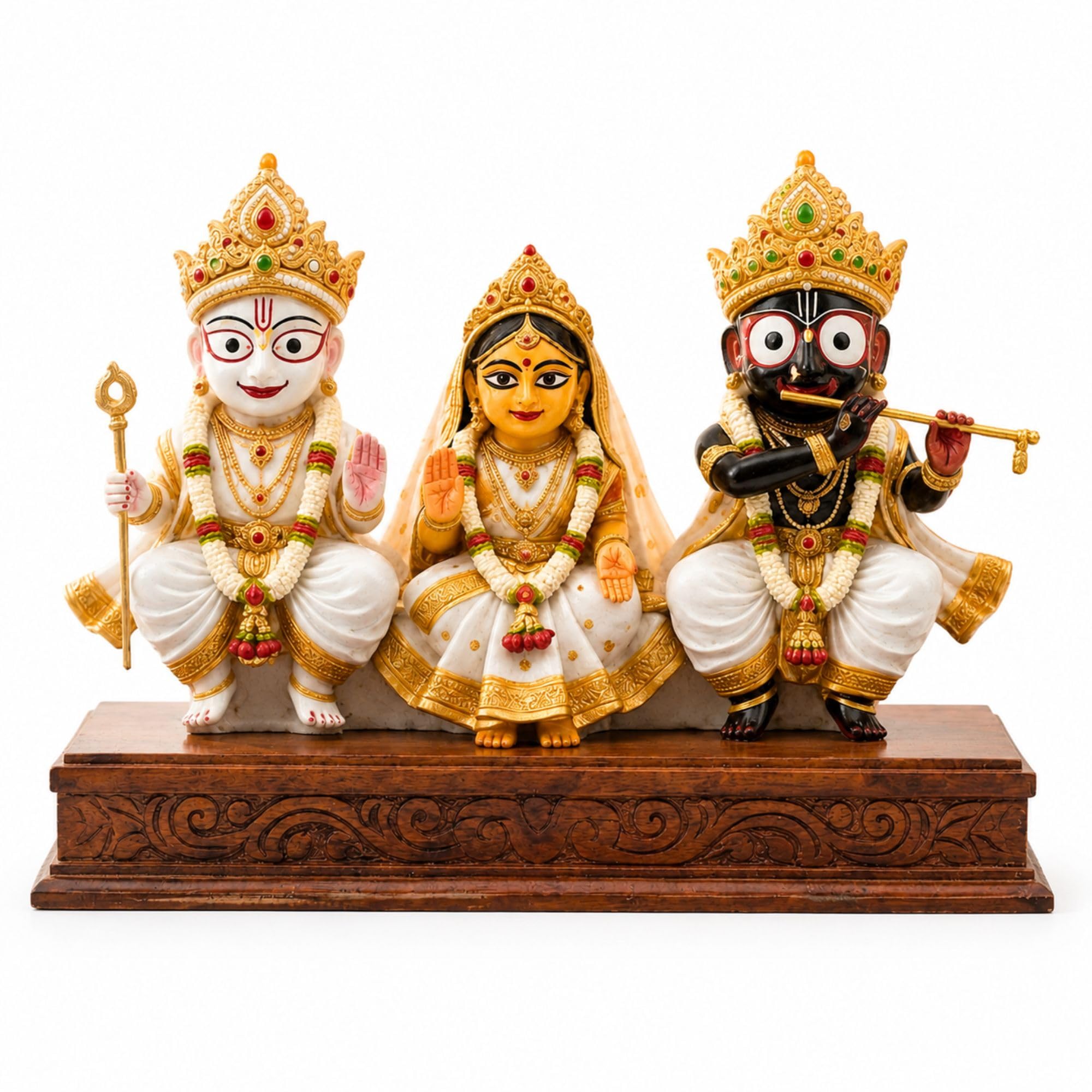 Jagannath Subhadra Balabhadra Idol, Hindu Deity Trio Figurine, Resin Statue on Carved Wooden Base-image-35