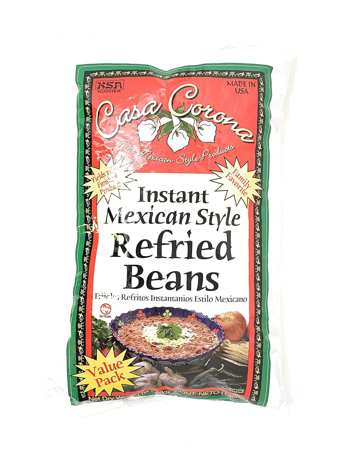 Casa Corona Instant Refried Beans 3lb Bag - Authentic Mexican Style, Gluten-Free, 5-Min Quick Prep for Burritos & Dips