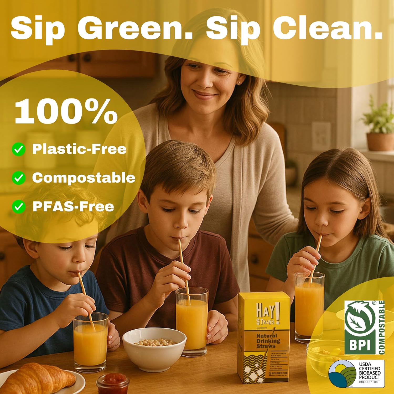 HAY! Straws® 7.75" Regular Drinking Straws | 100ct Disposable Natural Wheat Stem Straws | Never Soggy, Neutral-Taste | 100% Biodegradable | Alternative to Plastic and Bioplastic Straws