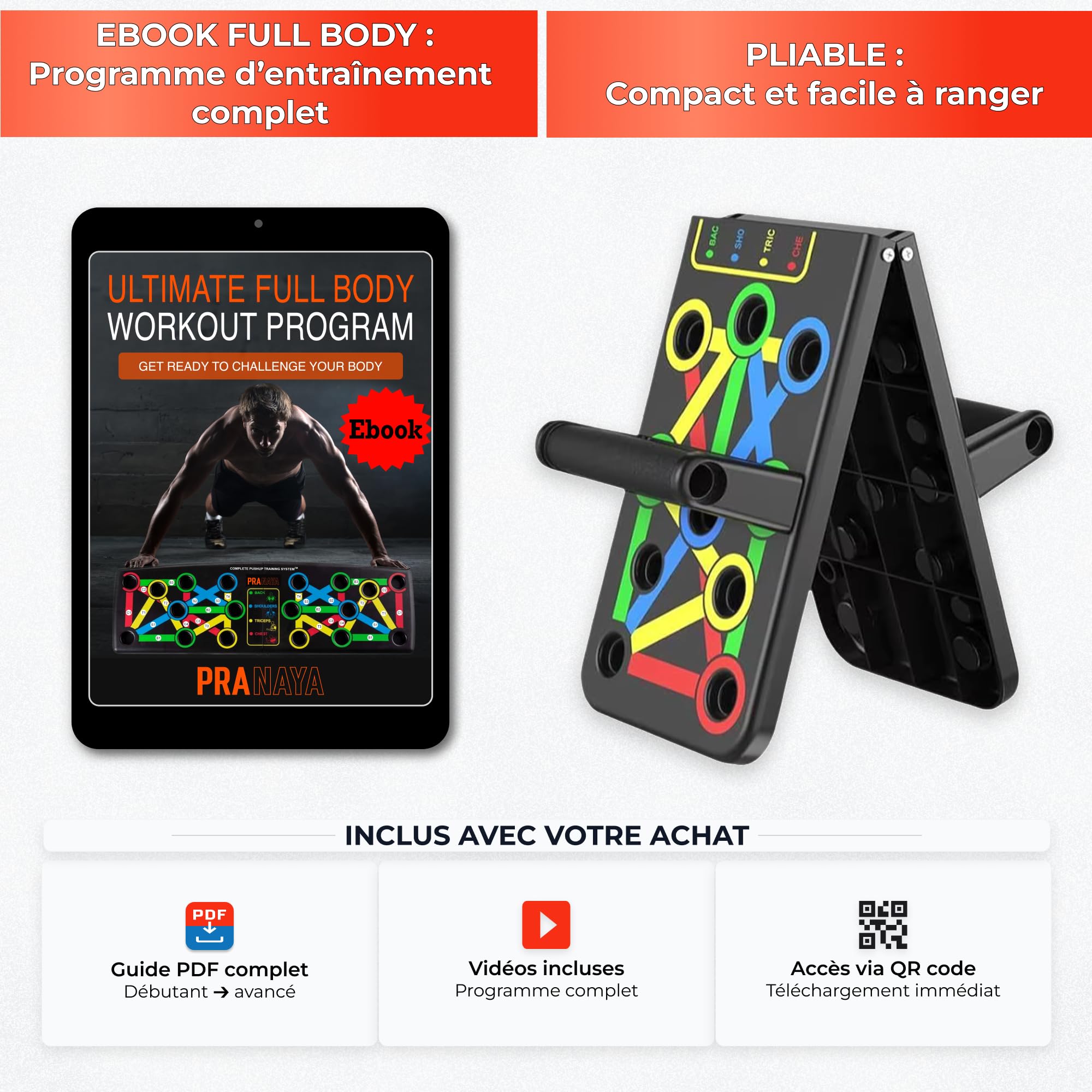 PRANAYA® Push Up Board 14-en-1 | Programme en Français + Vidéos QR Code | Planche à Pompes Guidée Pliable | Poignées Ergonomiques | Musculation Maison