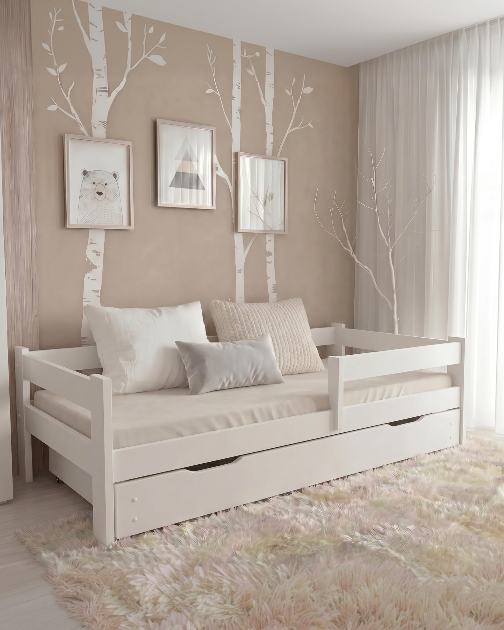 EcoBeds ALA Kinderbett 90x200 cm Kiefer Massivholz bis 150 kg | Weiß - mit Rausfallschutz, Lattenrost und Schublade zur Aufbewahrung, für Kinder und Jugendliche, einfache Montage