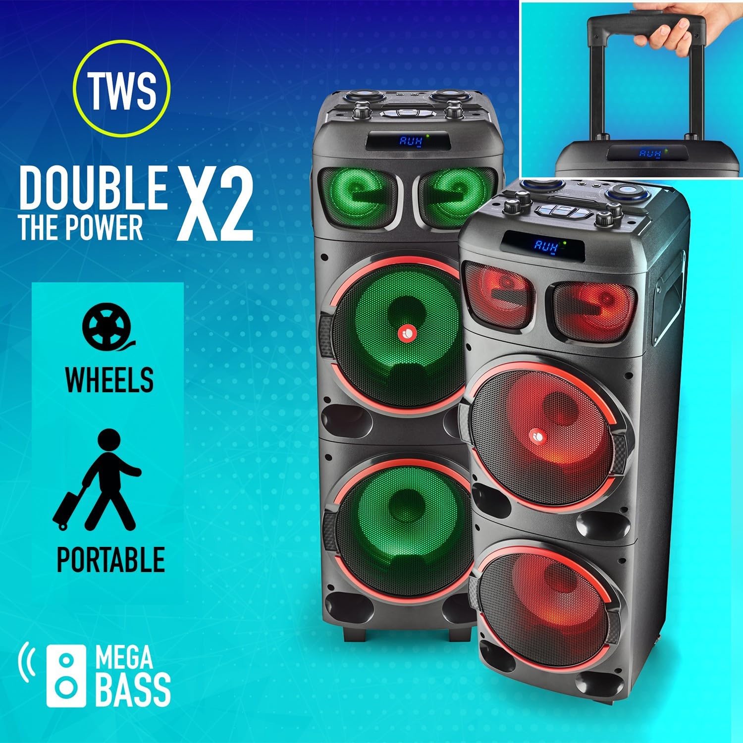 Haut-Parleur Portable Sono 300W NGS WILDDUB1 Stéréo Bluetooth et True Wireless, Double Sub 8" (Micro SD/USB/AUX in/),
