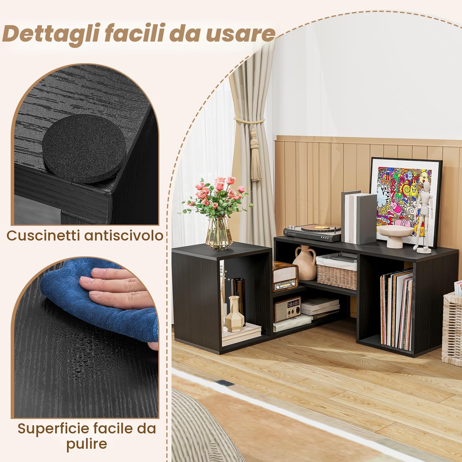 KOMFOTTEU Mobile TV Soggiorno Liberamente Combinabile da 2 Pezzi, Mobiletto TV Multifunzione per TV fino a 60”, Mobile Porta TV in Legno con Vani Aperti e Chiusi, per Camera da Letto (Nero)