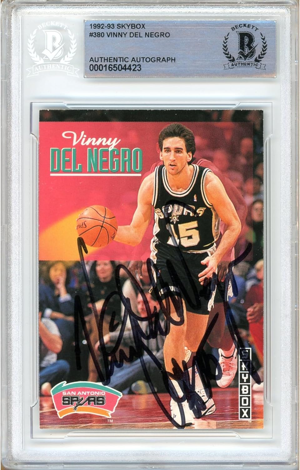 Vinny Del Negro Autographed 1992 1993 Skybox #380 Basketball Card Slab Beckett BAS Authentic Slabbed COA Played For San Antonio Spurs NBA