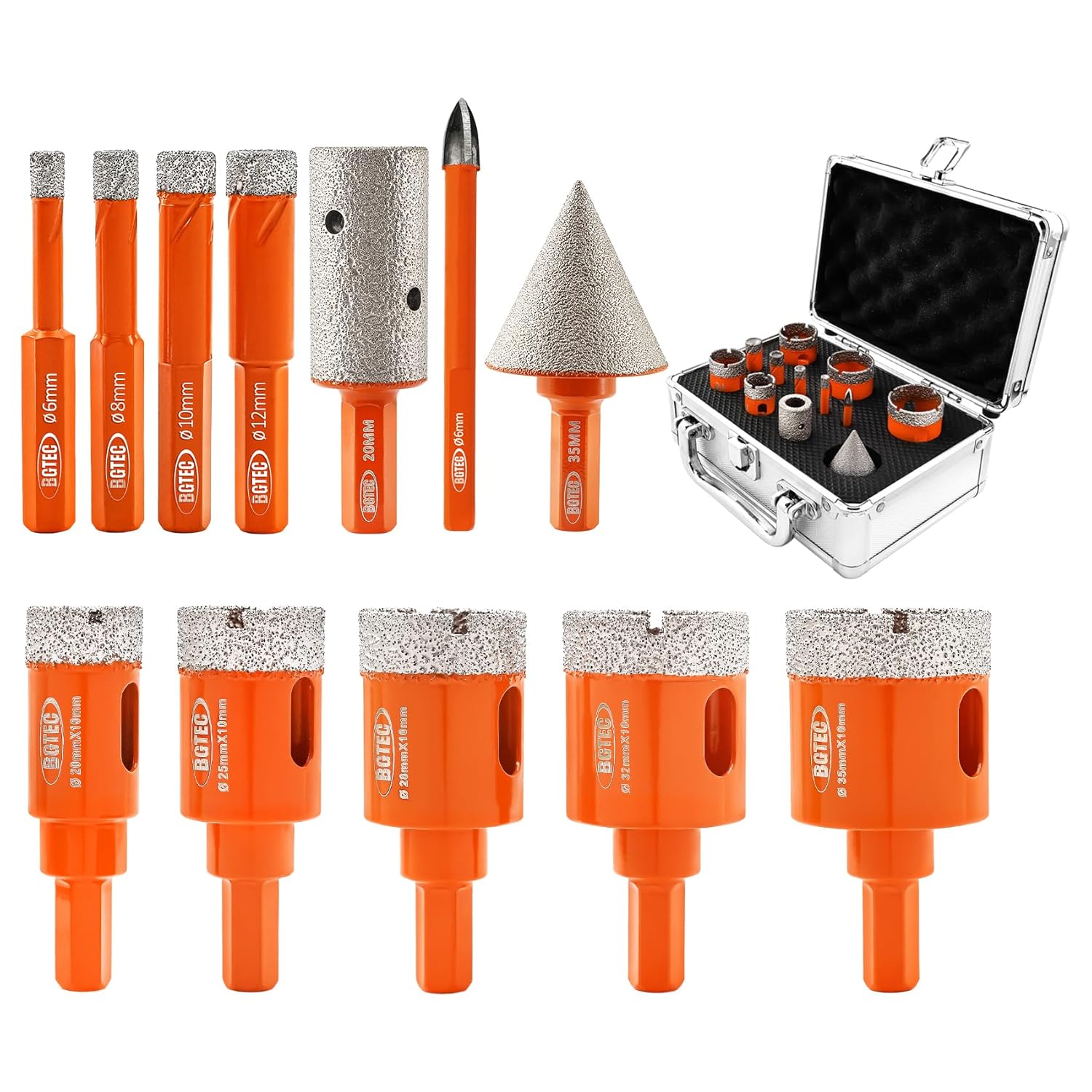 BGTEC Diamond Hole Saw Kit Marsonry Drill Bits, 13pcs 5/6/6/6/8/8/10/20/25/28/35mm with Hex Shank+6mm Carbide Drill+20mm Milling Finger Bit for Granite Marble Porcelain Tile Ceramic