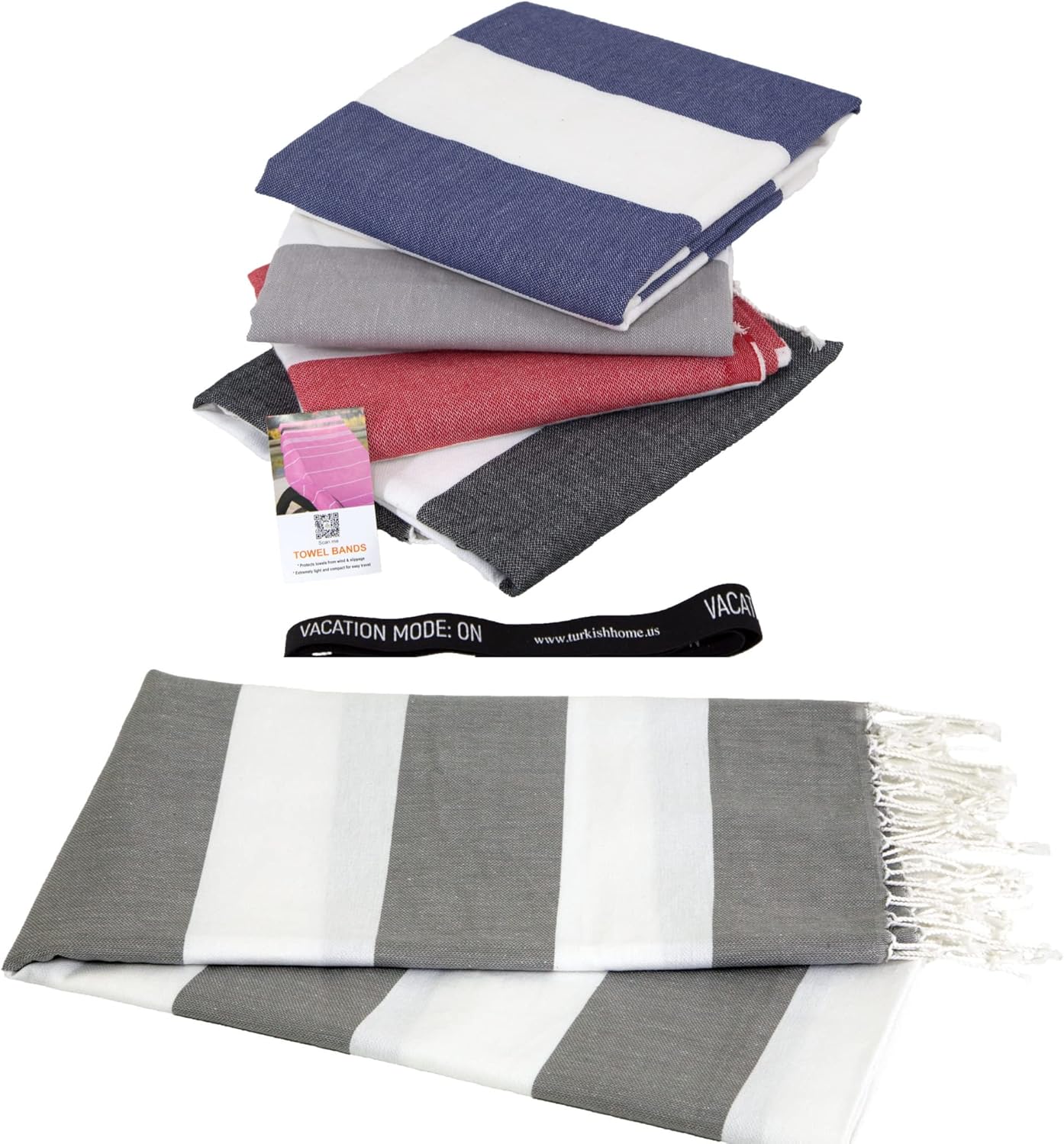 Set of 4 Turkish Beach Towel with 2 Towel Bands - Beach Towels Oversized 4 Pack - 100% Cotton 40 x 70 inches - SandProof Fast Drying Large Pool Towels