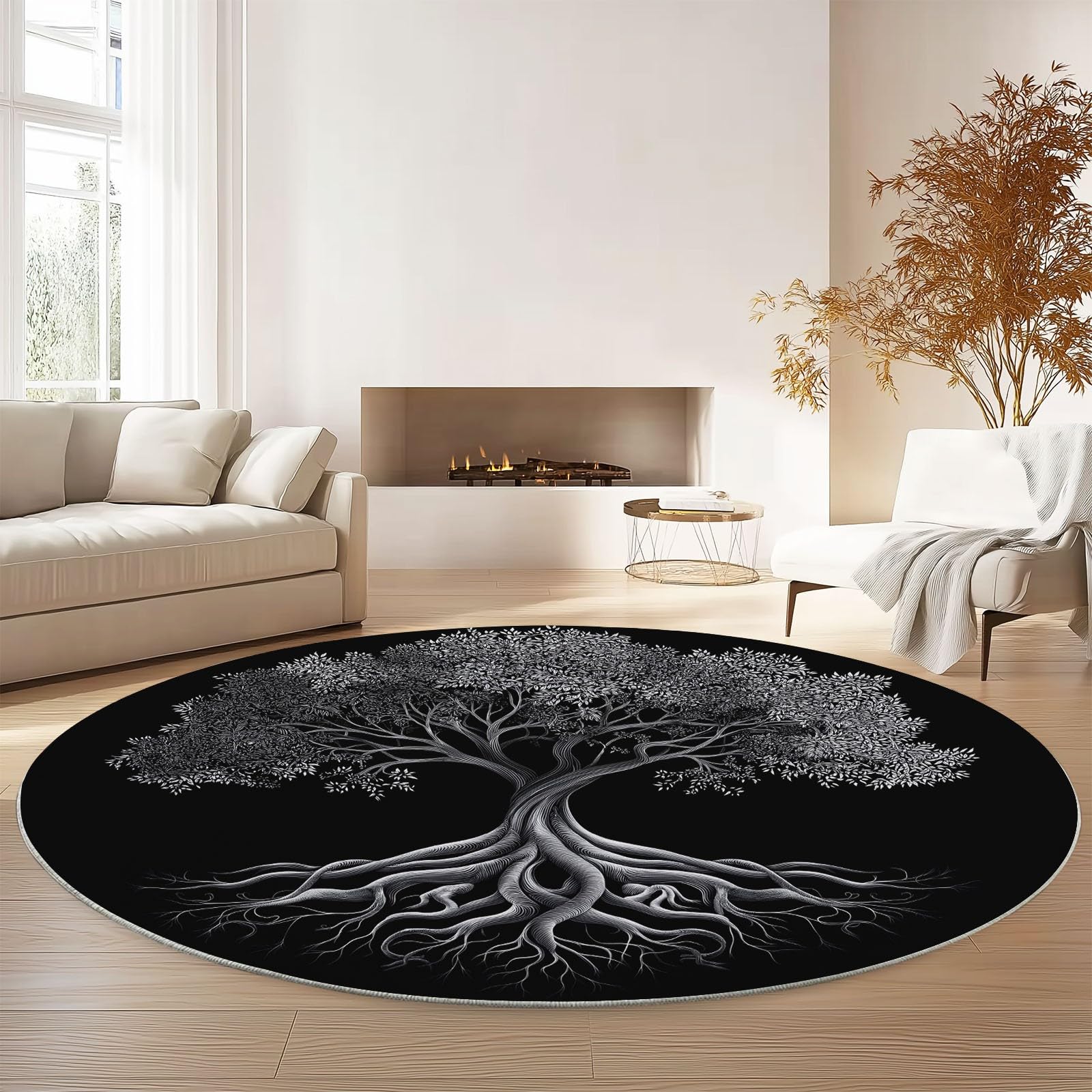 Tappeto rotondo da 210 cm, stile retrò, con albero della vita, moderno, antiscivolo, in flanella nera, lavabile, morbido, per cameretta dei bambini, stanza dei giochi, camera da letto, decorazione