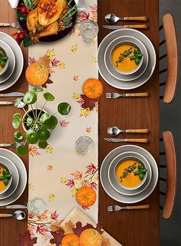 Miniatura 2 de Camino de mesa de gnomos de Acción de Gracias, calabazas azules, 48 pulgadas de largo, hojas de árbol de arce de otoño, camino de mesa auxiliar,