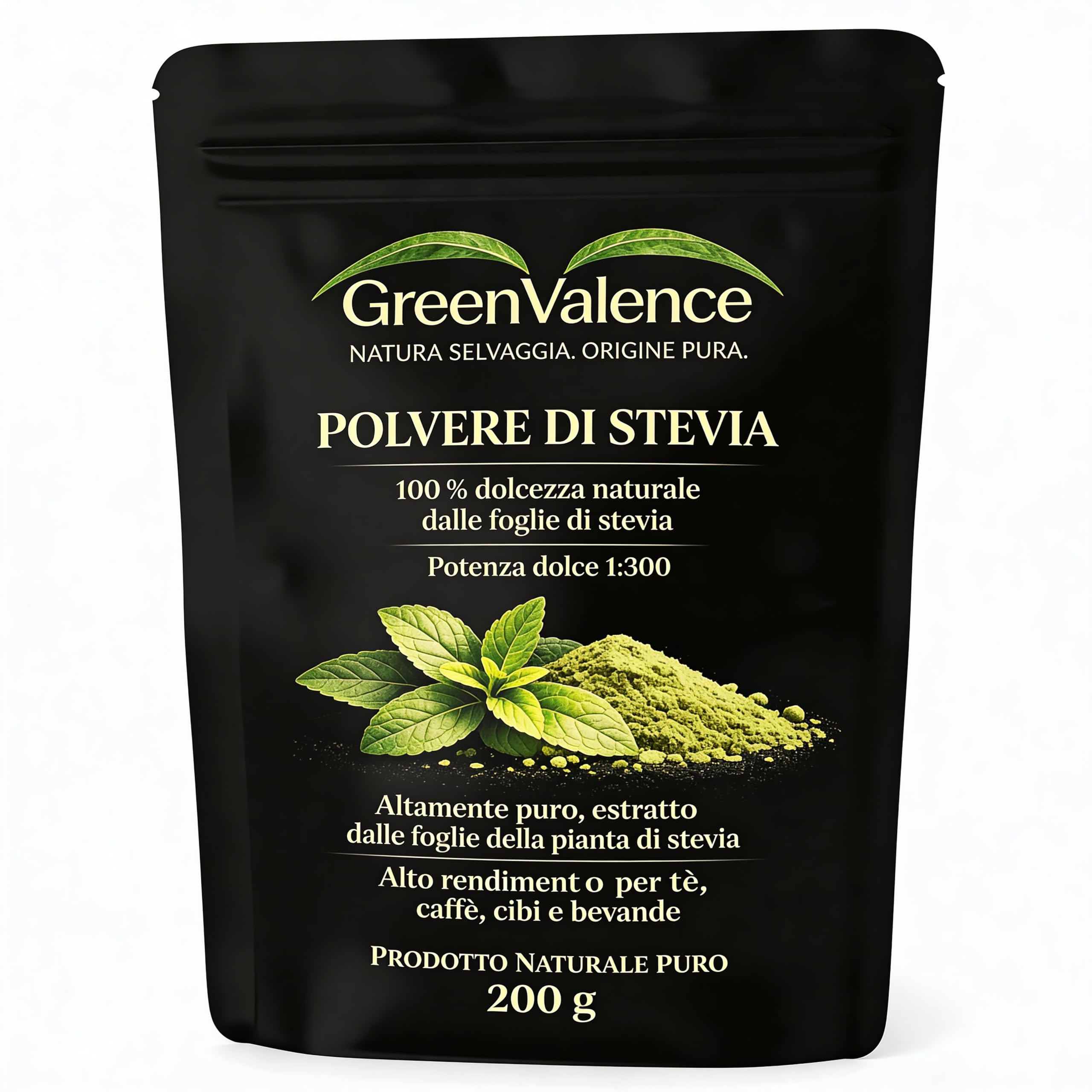 Polvere di Stevia - Dolcificante Naturale 100% da Foglie di Stevia | Alta Resa 1:300 | Alternativa Vegetale Senza Zucchero | Ideale per Tè, Caffè, Dolci, Bevande e Dessert (200 g)