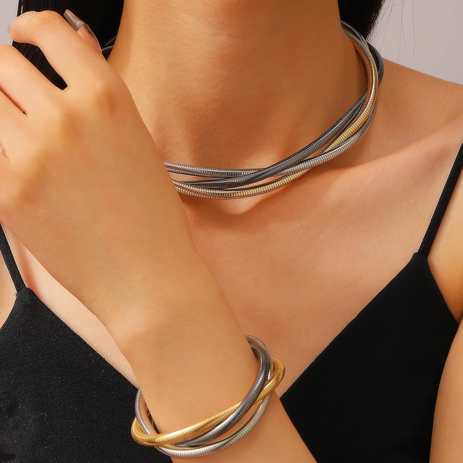 Chunky Gold Layered Statement Necklace for Women, Trendy Gold Plated Twisted Flat Thick Snake Herringbone Chain Choker Necklace Collar Torque Boho Necklaces Party Jewelry Gift - Image 3