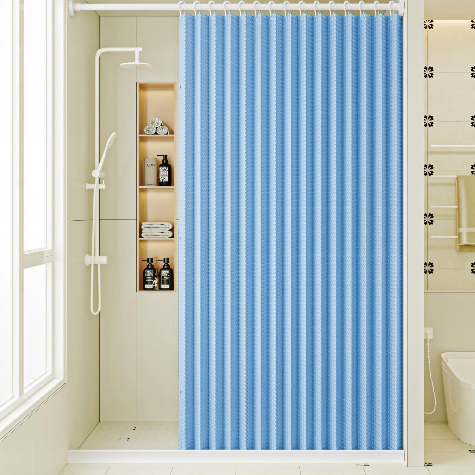 Tenda Doccia Magnetica Pieghevole Impermeabile Cialda con ganci, Tenda da Doccia Antispruzzo, Tenda da Doccia Antimuffa per il bagno, Blu, 120x200cm