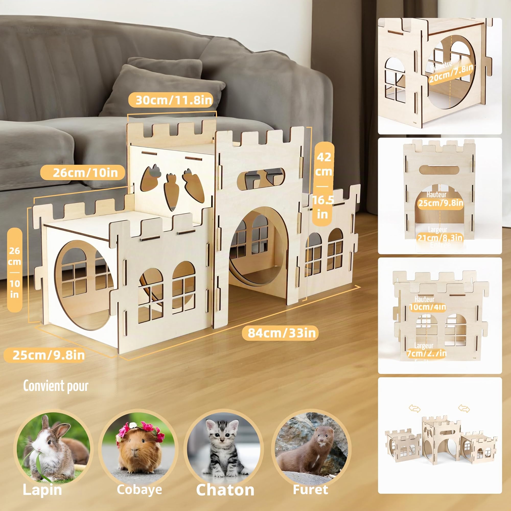 HIIMALEX Cachette de château de Lapin Extra Large pour l'intérieur - Balcon divisé pour Lapins - Tour d'escalade avec Tunnel - Maison Stable pour Lapins, furets, cochons d'Inde, Hamsters
