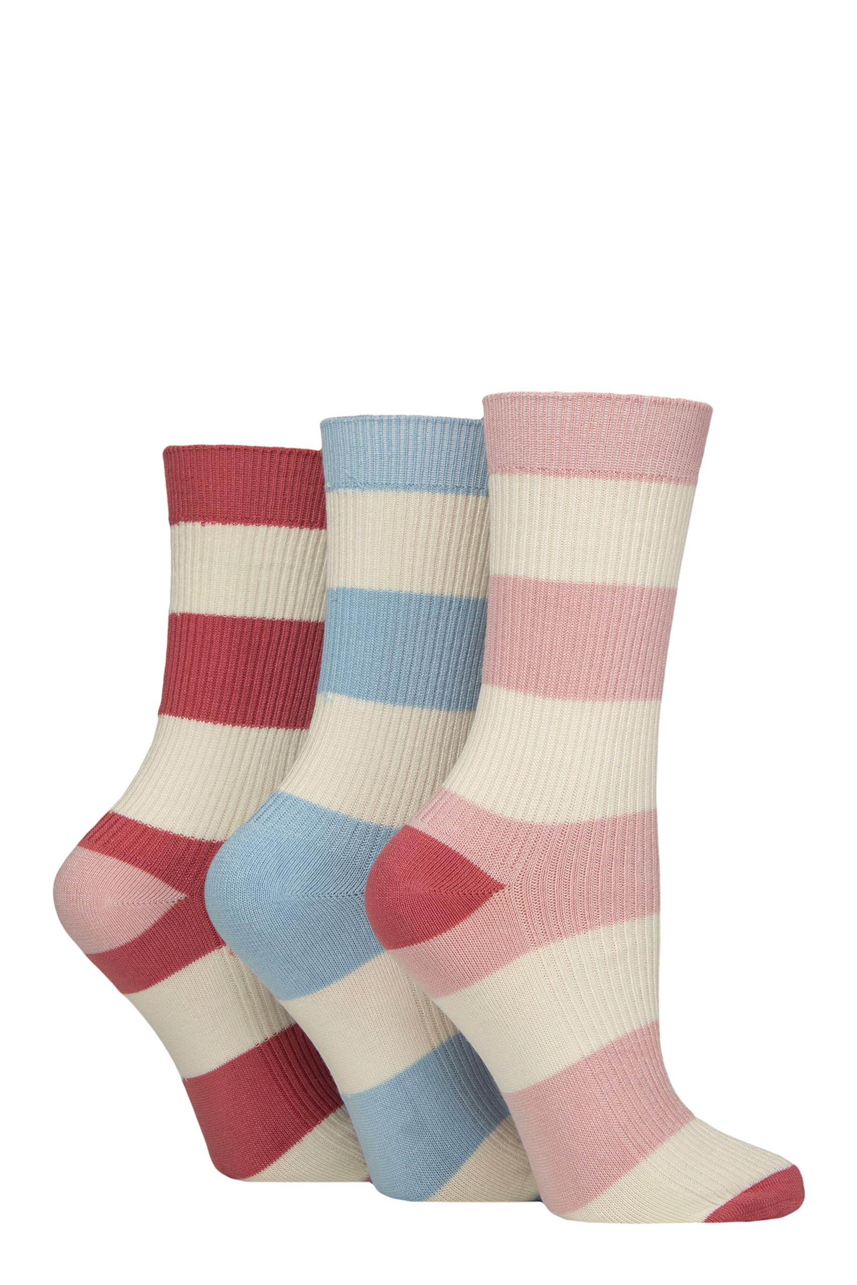 Glenmuir Women's Bamboo Leisure Socks - Plain, Patterned, Striped, Soft Breathable Bamboo, Regular, Day to Day, Casual Socks, 3 Pair Multipack Size 4-8 Stripes Pink/Blue/Cream