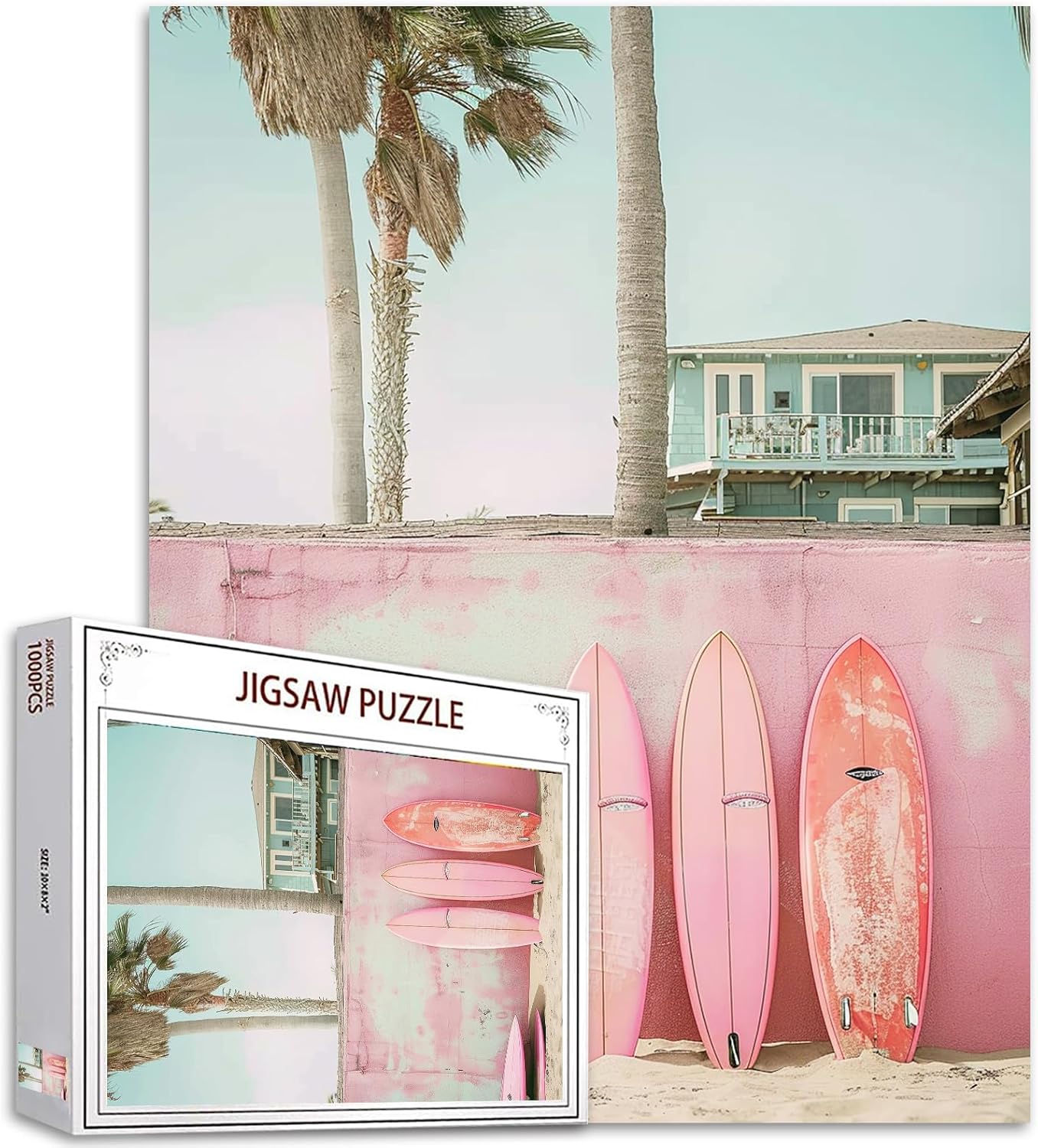 Tucocoo Pink Surfboards Jigsaw Puzzle 1000 Pieces Puzzles for Adults, Beach House Trees Seaside Art Jigsaw Puzzles for Challenging Family Activity Games 27 x 20 inch DIY Puzzle for Home Decor Gifts