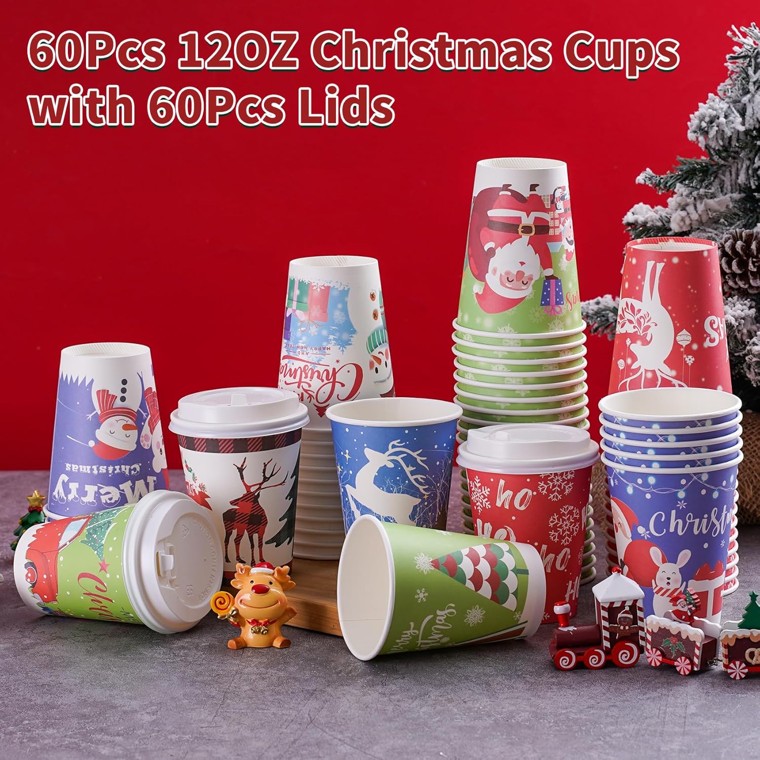 Christmas Cups with Lids 12oz Disposable Coffee Cups Paper Cups with Lids 10 Designs Christmas Party Supplies, Xmas Disposable Party Cups Drinkwear for both Hot and Cold Drinks, 60 Pack - Image 2