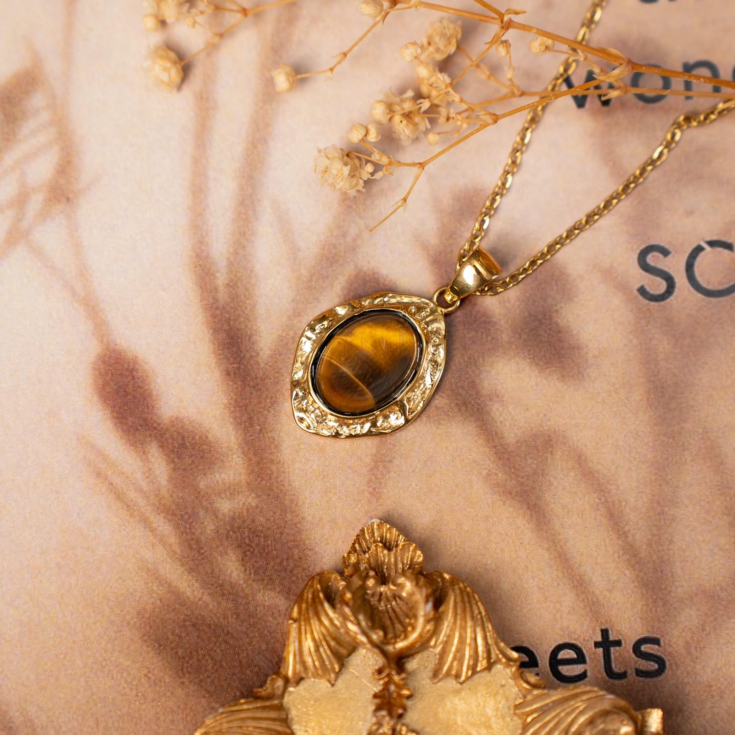 okisen Vintage Tiger Eye Necklace, 14K Gold Plated Stainless Steel, Natural Stone Pendant, Waterproof Hypoallergenic, Adjustable Chain 19.68-21.64 Inches, Brown, Spiritual Jewelry - Image 6