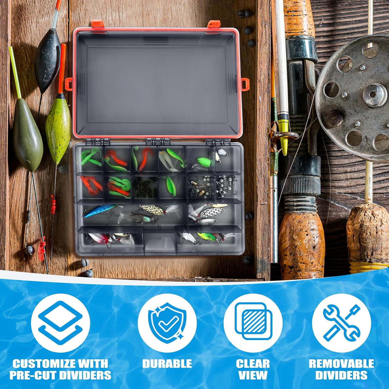 Wonderjune 6 Pack Fishing Tackle Boxes Waterproof 3600 and 3700 Tackle Trays with Removable Dividers Plastic Storage Organizer Bait Vault Camouflage Box for Freshwater Saltwater (Orange,3700)