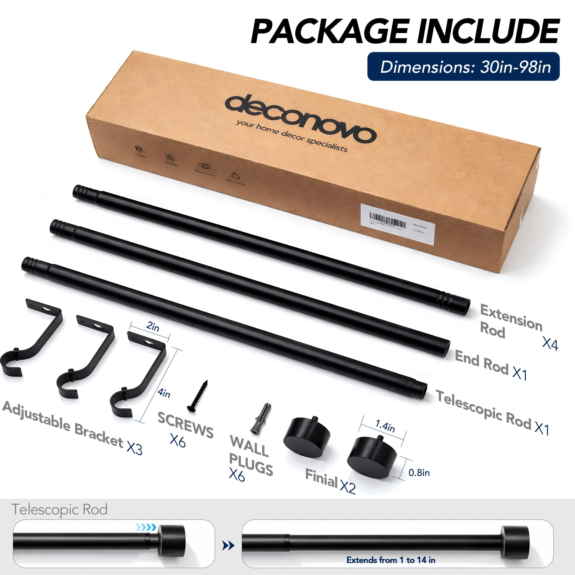 Deconovo Bastone per Tende Estensibile 76–249 cm Metallo Ø19 mm Nero 10 kg