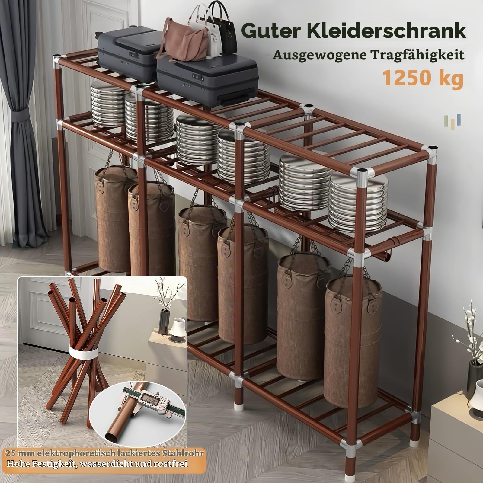 Kleiderschrank, Stoffschrank für Schlafzimmer, Faltschrank, Stoffkleiderschrank mit Staubabdeckung, Kleiderschrank aus Stoff mit Kleiderstangen und Ablagen, für Kleideraufbewahrung, Grau
