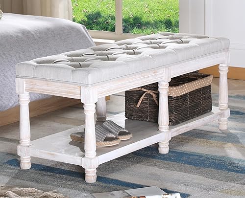 Janoray Banco de almacenamiento estilo granja con tapicería y asiento acolchado en madera para dormitorio, organizador para el extremo de la cama y