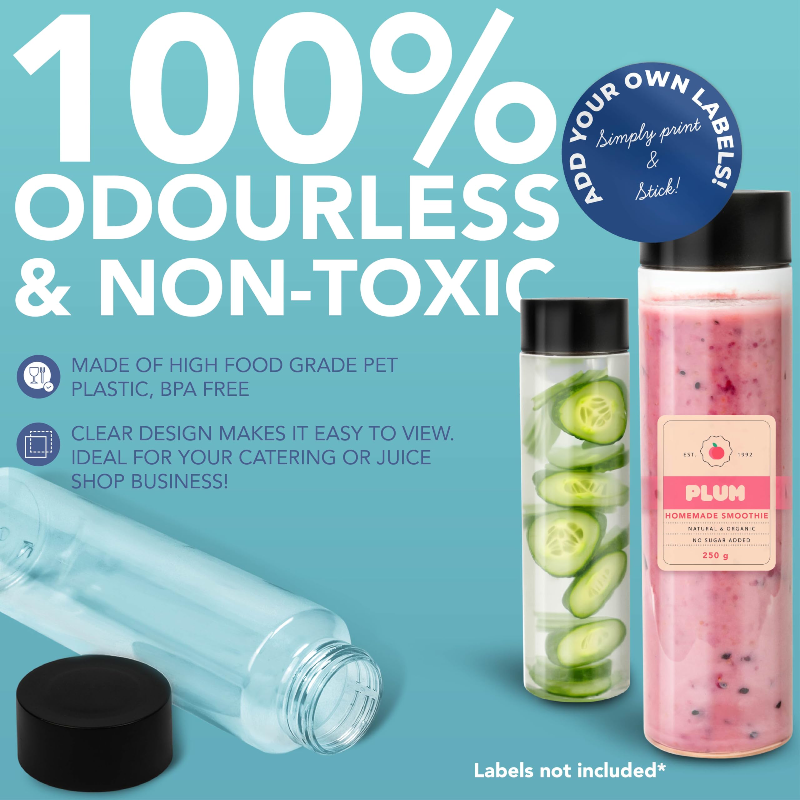 HEFTMAN Plastikowe butelki na sok z pokrywkami, 400 ml, puste, sensoryczne butelki PET na wodę, mrożoną kawę, smoothie na wynos, czarne, zakręcane pokrywki, bezpieczne dla żywności