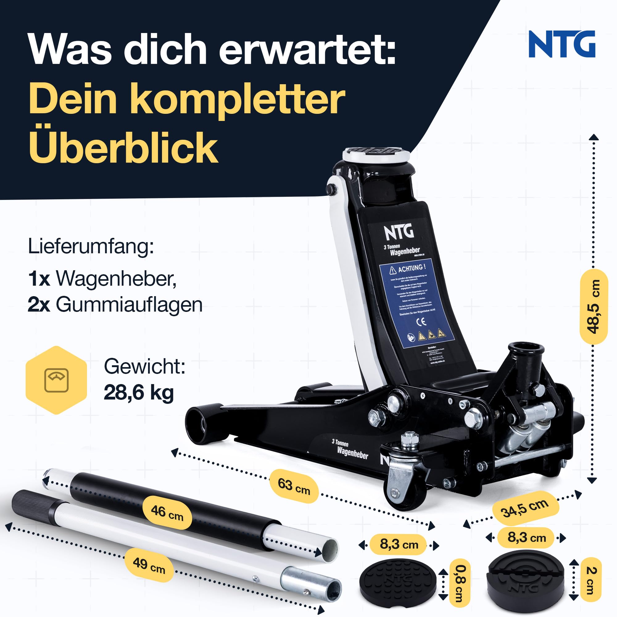 NTG HYDRAULISCHER WAGENHEBER 3T – Wagenheber Hydraulisch mit Doppelkolben & Schnellhub, 85–485 mm Hubhöhe – Rangierwagenheber inkl. 2 Gummiauflagen für PKW & SUV