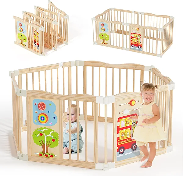 Foldable Wooden Playpen - Adjustable Wood Baby Play Yard with Child-Proof Lock, Indoor Large Safety Fence for Babies and Toddlers - Easy Assembly, 6 Panels with Sensory Toys