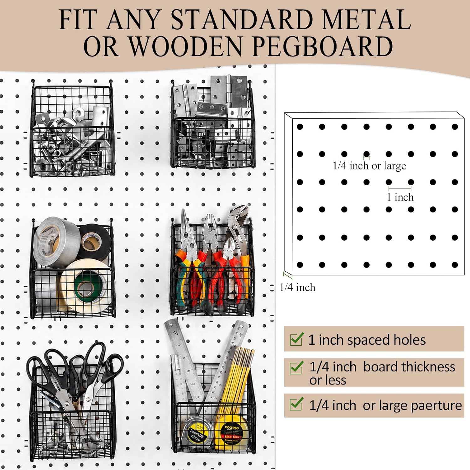 6pcs Pegboard Baskets Bins Kit Black Metal Wire Pegboard Accessories | Small Square Peg Board Organizer Shelf Set, Wall Mount Storage Attachment, Craft for Tool Storage Room Sarage Parts Workbench