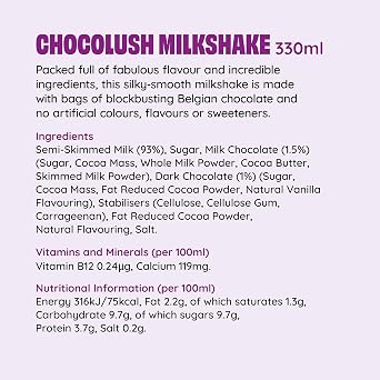Shaken Udder Chocolush Milkshake,8 x 330ml,Made with Belgian Chocolate,High in Calcium & Protein,Less Than 5% Added Sugar,Vegetarian & Gluten-Free