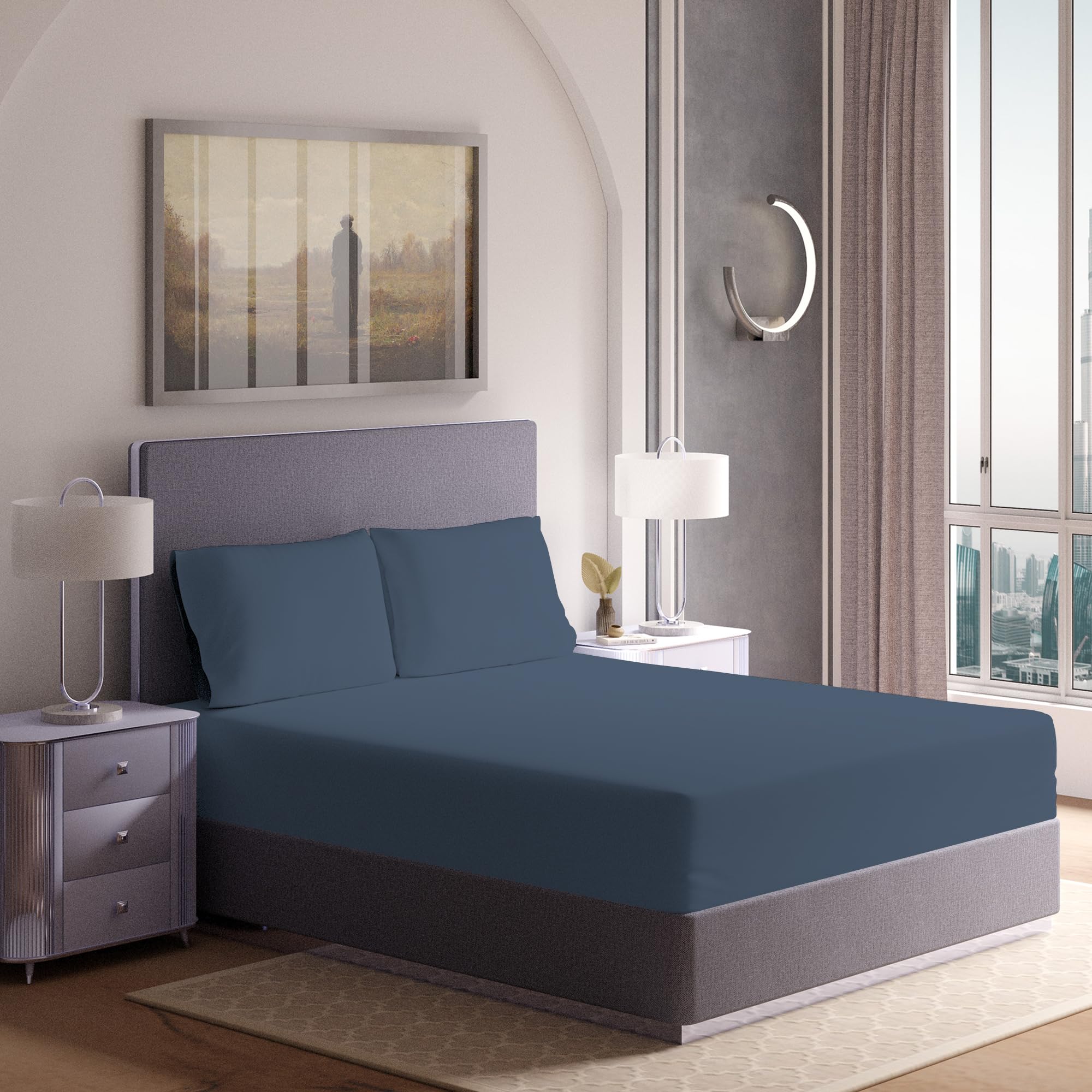 100% Cotton Single Fitted Sheet 90x200cm Navy Blue, Lightweight & Breathable Percale Weave, Cool & Crisp Elasticised Deep Pocket BedSheet Fits 25cm (1Pc Fitted Sheet - Single Size Bed)