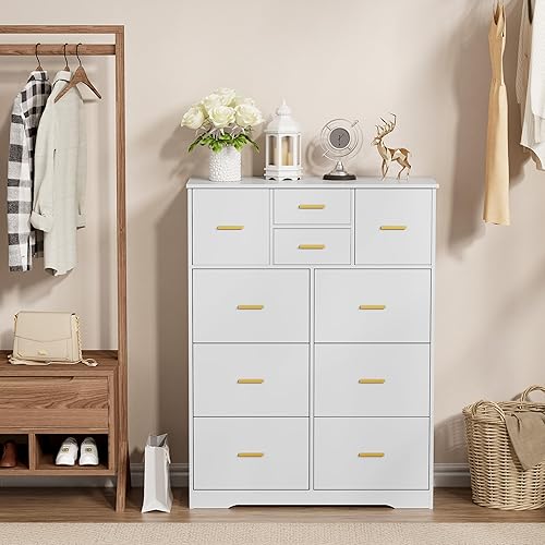 PAKASEPT Cómoda alta blanca de 10 cajones, cómoda moderna de almacenamiento de madera y cómoda, organizador de aparadores para dormitorio, pasillo,