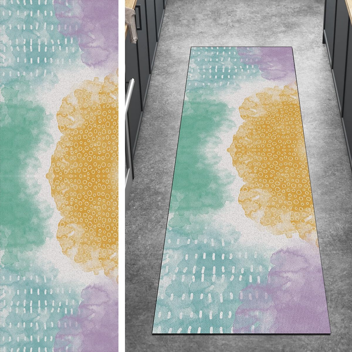 Tapis de couloir bleu et jaune antidérapant et lavable en machine